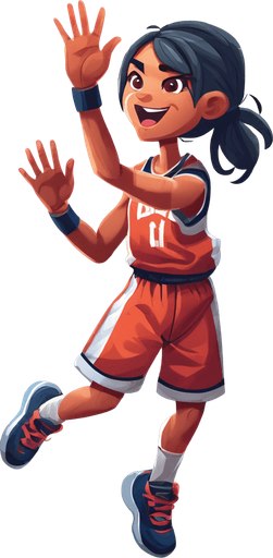 Create a cartoon-style illustration of a basketball player in a shooting pose with hands raised in the air. This character should not be holding a basketball. Emphasize the cartoonish features, exaggerate expressions, and ensure the absence of a basketball in the scene. The goal is to capture a lively and playful cartoon character ready to shoot, with a focus on dynamic and exaggerated elements.