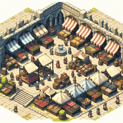 a marketplace in a  fantasy rts style.
Single Game Texture. In-Game asset. 2d. Blank background. High contrast. No shadows.