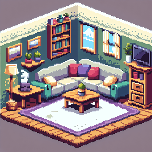 pixel art living room.
Single Game Texture. In-Game asset. 2d. Blank background.