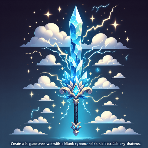 Magical elemental crystal sword made of clouds and lightning..
Single Game Texture. In-Game asset. 2d. Blank background. High contrast. No shadows.