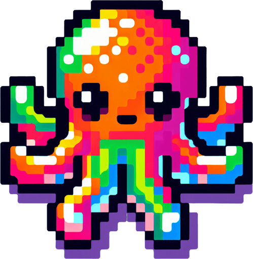 cartoon. 8-bit. octopus. colorful..
Single Game Texture. In-Game asset. 2d. Blank background. High contrast. No shadows.