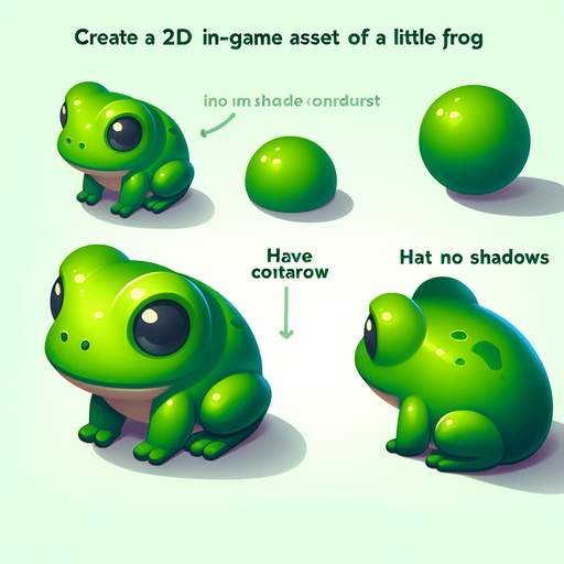 A little green frog.
Single Game Texture. In-Game asset. 2d. Blank background. High contrast. No shadows.