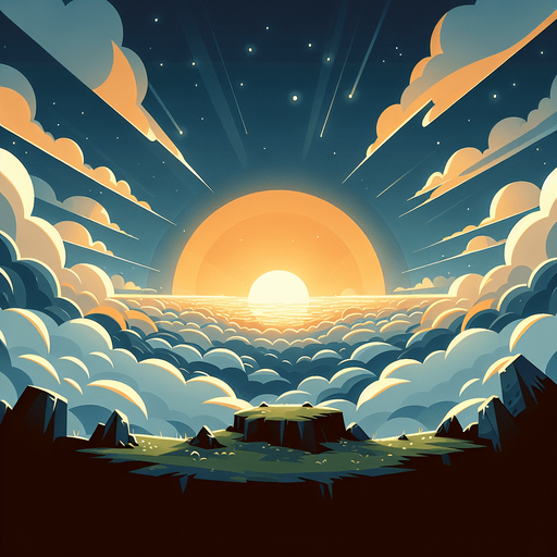 Sunrise, dawn, looking up. Cartoon style. Above clouds Single Game Texture. In-Game asset. 2d. Blank background. High contrast. No shadows..
Single Game Texture. In-Game asset. 2d. Blank background. High contrast. No shadows.