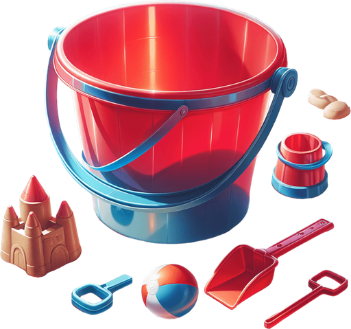 beach construction toys. red bucket with blue handle..
photorealistic