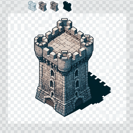 a medieval style stone tower. top down view. Single Game Texture. In-Game asset. 2d. Blank background. High contrast. No shadows.