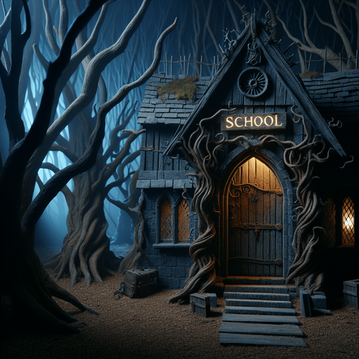 By night, in a gloomy forest,a Facade of a dark, partly ruined ancient and twisted witch house with a big wooden door and a metal entrance arch where it's written "SCHOOL" in illuminated letters...