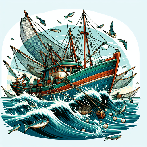 Create a cartoon-style illustration of a fishing boat. The goal is to capture a lively boat in action..
Single Game Texture. In-Game asset. 2d. Blank background. High contrast. No shadows.