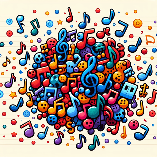 Create a cartoon-style illustration of a mix of colorful music notes.
Single Game Texture. In-Game asset. 2d. Blank background. High contrast. No shadows.