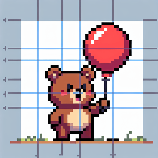 pixelart. a smiling brown bear holding a red baloon, that is lifting it upwards..
Single Game Texture. In-Game asset. 2d. Blank background. High contrast. No shadows.