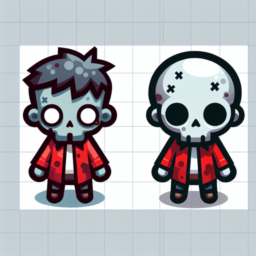 cute zombie in red.
Single Game Texture. In-Game asset. 2d. Blank background. High contrast. No shadows. top down view. bird view