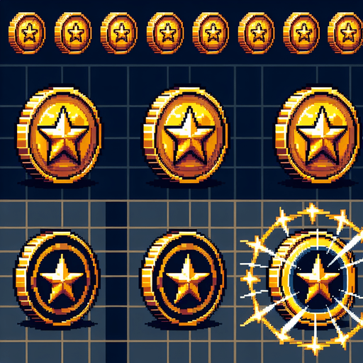 Create an 8-bit pixelated sprite sheet featuring a golden coin with a star symbol in the center. The coin should be viewed from multiple perspectives to create the illusion of spinning in place, with each frame showing slight rotational movement. The sprite sheet should include enough frames to produce a smooth spinning animation, with consistent shading and highlights to enhance the 3D effect of the coin rotating. The star symbol should remain centered and consistent throughout the animation, while the outer edges of the coin shift to reflect the spin..
Single Game Texture. In-Game asset. 2d. Blank background. High contrast. No shadows.