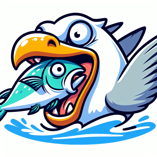 create a cartoon-style illustration of a seagul's face chomping down on a fish make it comical..
Single Game Texture. In-Game asset. 2d. Blank background. High contrast. No shadows.