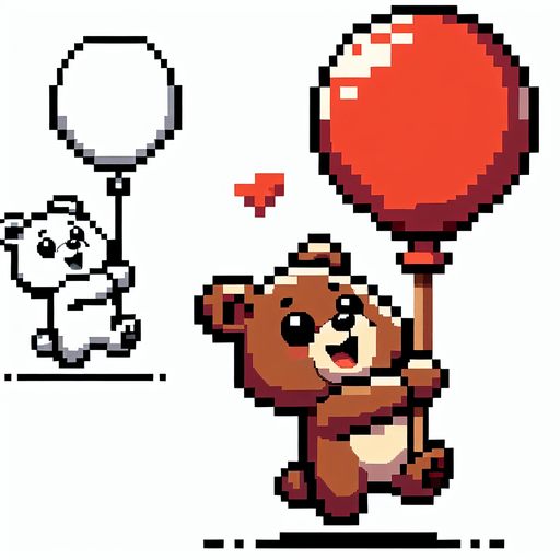 pixelart. a smiling brown bear holding a red baloon, that is lifting it upwards..
Single Game Texture. In-Game asset. 2d. Blank background. High contrast. No shadows.