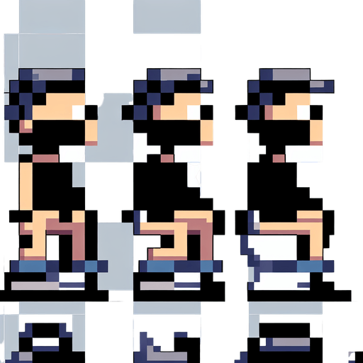 sprite sheet of an 8-bit pixelated character seen from the sides. This has two stances, of the character standing up and the other sitting down with his pants down as if taking a poop.
Single Game Texture. In-Game asset. 2d. Blank background. High contrast. No shadows.