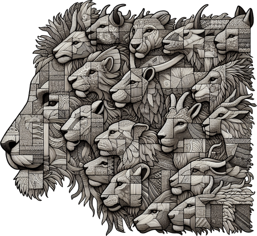 Patchwork of heads of plenty animals..
Single Game Texture. In-Game asset. 2d. Blank background. High contrast. No shadows.