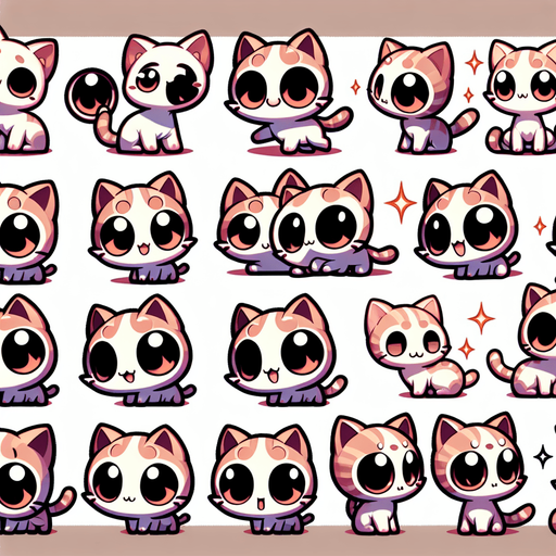 A sprite sheet of happy, cute and very silly looking little cats with large eyes..
Single Game Texture. In-Game asset. 2d. Blank background. High contrast. No shadows.