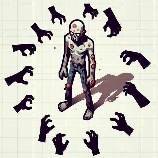 Un zombie en 2D vue du dessus.
Single Game Texture. In-Game asset. 2d. Blank background. High contrast. No shadows.