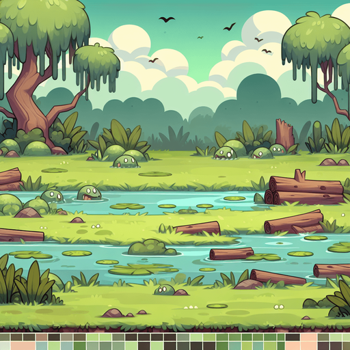 Cozy cartoon swamp background

Single Game Texture. In-Game asset. 2d. Blank background. High contrast. No shadows.