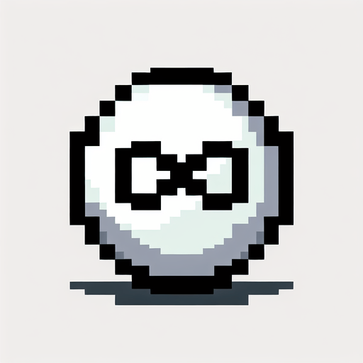 white round ball with black edges. has a black infinity logo inprinted on it. pixelated. 8 bit..
Single Game Texture. In-Game asset. 2d. Blank background. High contrast. No shadows.