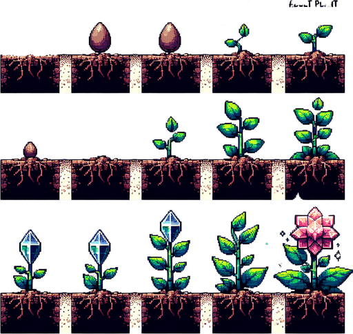 pixel art sprite sheet of a growing plant with a diamond flower.
Game asset. 2d. Blank background. High contrast. No shadows.