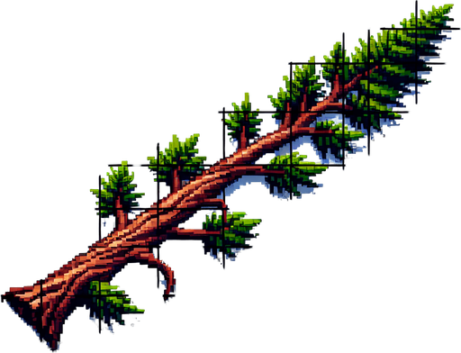 pixelart. A long horizontally growing  branch grown from a redwood tree. The tree itself should not be included in the image, only the branch..
Single Game Texture. In-Game asset. 2d. Blank background. High contrast. No shadows.