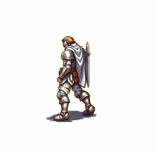 Heroic knight walking to the right.
Game Texture. In-Game asset. 2d. Pixelart. White background. Blank background. Low detail. High contrast.