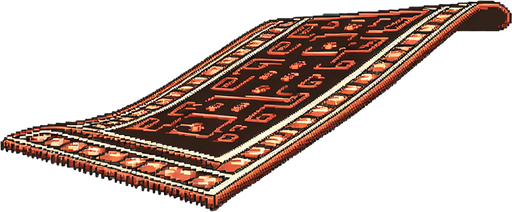 side view of a flat flying carpet heading to the right.
Retro gaming style