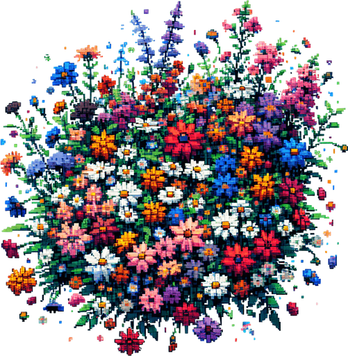 pixel art of a flower patch.
game asset, 2d, white background, shadowless.