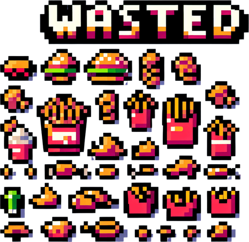 8-bit pixelated text saying "WASTED" against a fast food like burgers, fries and nuggets.
Single Game Texture. In-Game asset. 2d. Blank background. High contrast. No shadows.