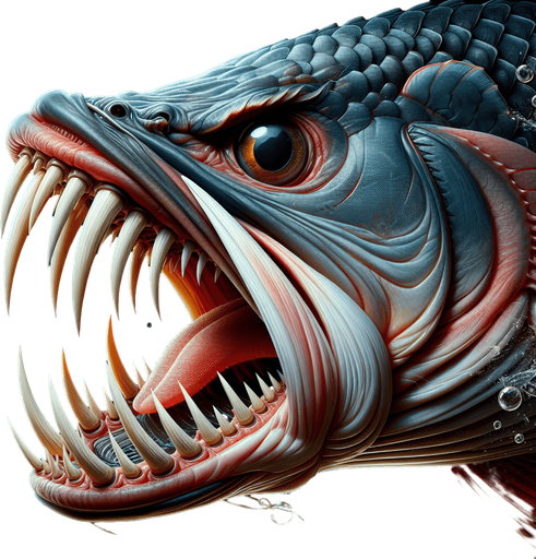 Classic fish with fangs lateral view..
2024 game style. Photorealistic