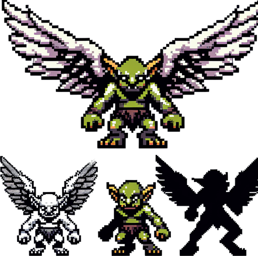 8-bit. cartoon. winged goblin..
Single Game Texture. In-Game asset. 2d. Blank background. High contrast. No shadows.