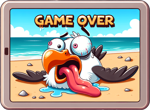 Create a close-up cartoon-style illustration of an dizzy seagull with his tongue sticking out on an empty sandy beach. The goal is to capture a lively and playful game over screen. Make sure 'game over' is written..
Single Game Texture. In-Game asset. 2d. Blank background. High contrast. No shadows.