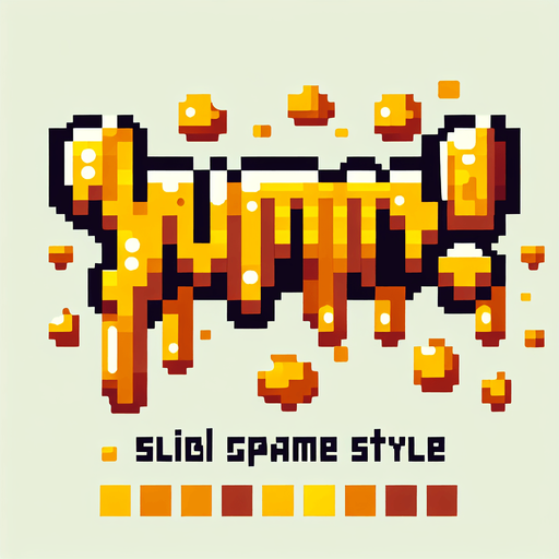 Pixelart - a cool splash screen style text saying 'Yummy!' golden yellow brown honey colors..
Single Game Texture. In-Game asset. 2d. Blank background. High contrast. No shadows.