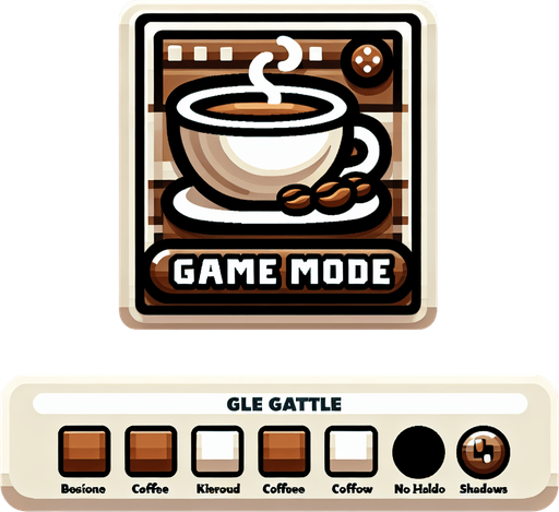 Coffee themed button which has the text "gamemode". Make the aspect ratio of this button 5:1.
Single Game Texture. In-Game asset. 2d. Blank background. High contrast. No shadows.