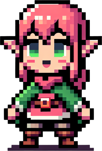 Pixel art of a cute elf.
Single Game Texture. In-Game asset. 2d. Blank background. High contrast. No shadows.