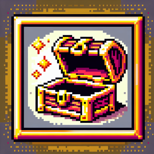 8bit, cartoon, treasure chest frame. very big empty center. only a fine border of chest.
Single Game Texture. In-Game asset. 2d. Blank background. High contrast. No shadows.