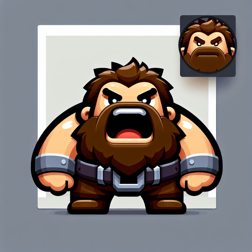 small figure of one funny and fat angry man, with brown beard and open mouth,   2d game character.
Single Game Texture. In-Game asset. 2d. Blank background. High contrast. No shadows.