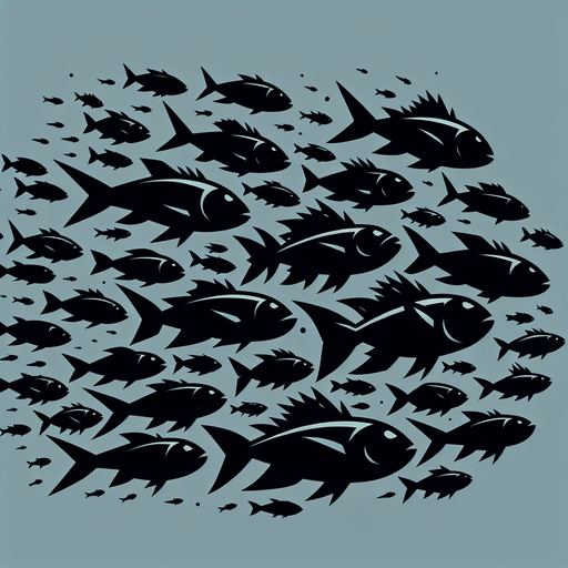 Create a cartoon-style illustration of a dark silhouette of a shoal of fish, side profile..
Single Game Texture. In-Game asset. 2d. Blank background. High contrast. No shadows.