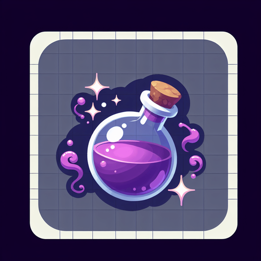 potion magique violette.
Single Game Texture. In-Game asset. 2d. Blank background. High contrast. No shadows.