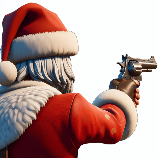 over the shoulder santa firing a revolver Single Game Texture. In-Game asset. 2d. Blank background. High contrast. No shadows.