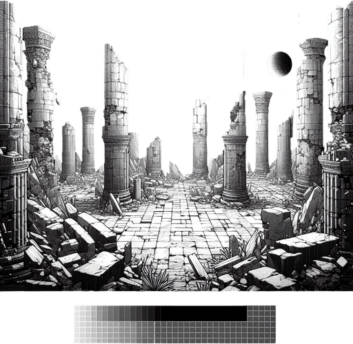 Interior of arctic temple ruins in outerspace..
Single Game Texture. In-Game asset. 2d. Blank background. High contrast. No shadows.