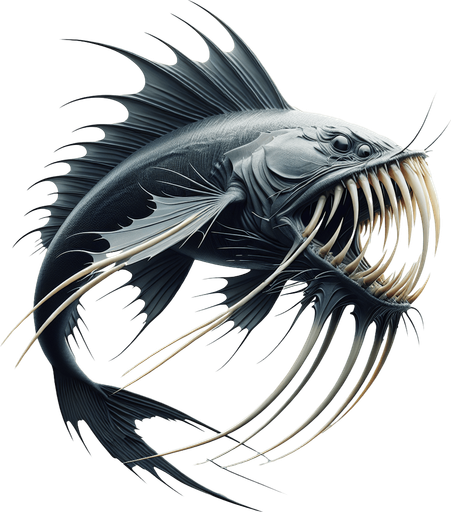 Classic fish with fangs lateral view..
2024 game style. Photorealistic