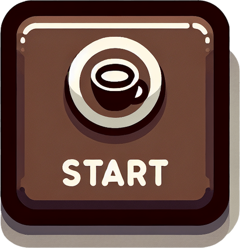 Rectangular coffee themed start button.
Single Game Texture. In-Game asset. 2d. Blank background. High contrast. No shadows.