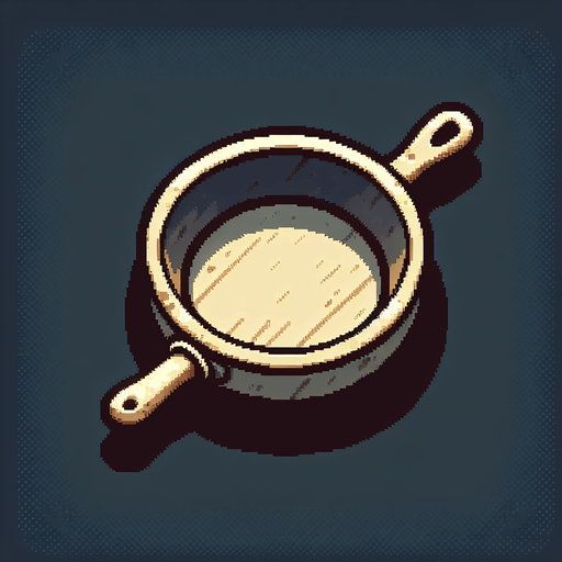 a simple fraying pan.
Single Game Texture. In-Game asset. 2d. Blank background. High contrast. No shadows.