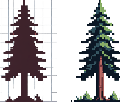 pixel art of a tall, tree.
game asset, 2d, white background, shadowless.