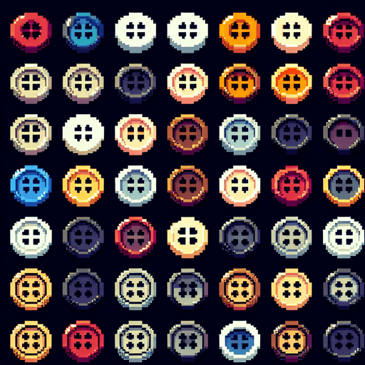 Create a sprite sheet featuring various sewing buttons. Each button should be distinct, with a cohesive color scheme. The style should be detailed pixel art, reminiscent of classic 8-bit era video game. Arrange the components on a dark background, with each part neatly aligned in rows and columns for easy identification and use in game development..
Single Game Texture. In-Game asset. 2d. Blank background. High contrast. No shadows.