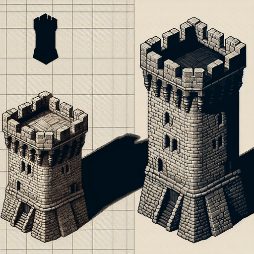 a medieval style stone tower. top down view. Single Game Texture. In-Game asset. 2d. Blank background. High contrast. No shadows.