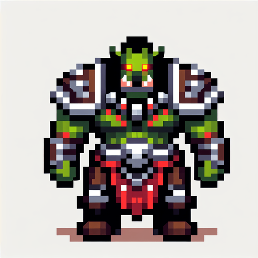 an orc warrior with a large head and red eyes. pixelart. top down view. Single Game Texture. In-Game asset. 2d. Blank background. High contrast. No shadows.