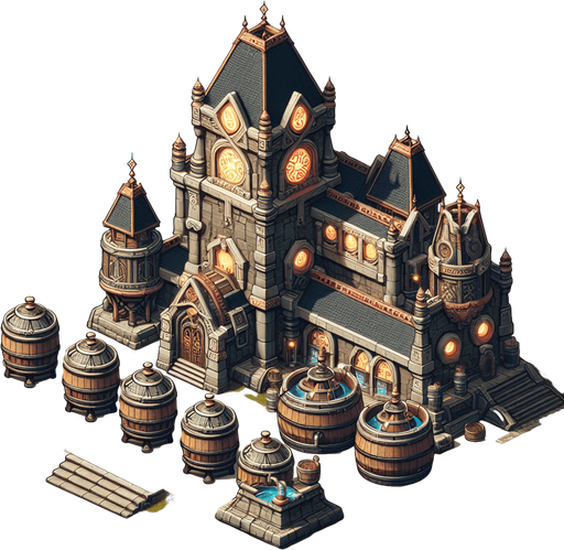 A brewery in a fantasy rts style.
Single Game Texture. In-Game asset. 2d. Blank background. High contrast. No shadows.