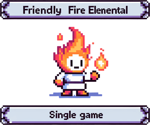 a friendly fire elemental, I want the art style to reflect a classic 16-bit retro pixel art aesthetic, reminiscent of early 1990s RPGs.
Single Game Texture. In-Game asset. 2d. Blank background. High contrast. No shadows.